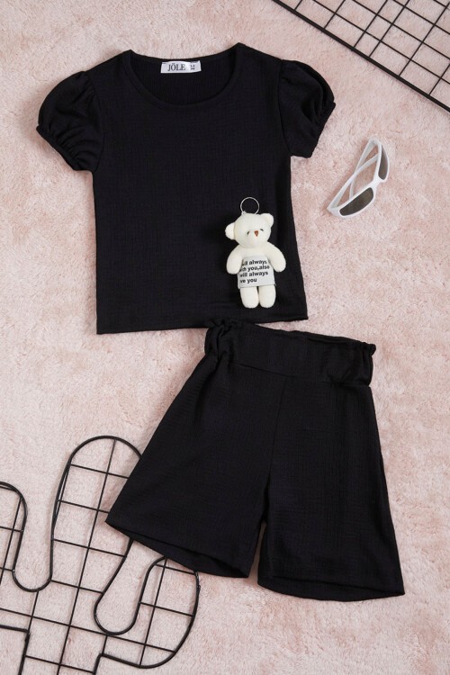 Siyah Ayıcık Aksesuarlı Kız Çocuk Şortlu Takım 15665