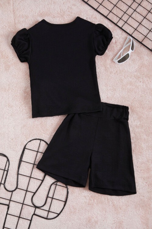 Siyah Ayıcık Aksesuarlı Kız Çocuk Şortlu Takım 15665