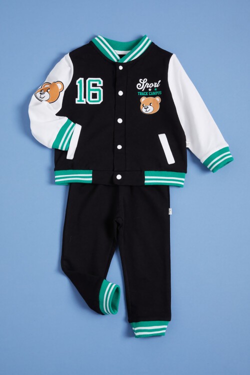 Siyah Ayıcık Baskılı Kolej Ceketli Erkek Bebek Takım 16184