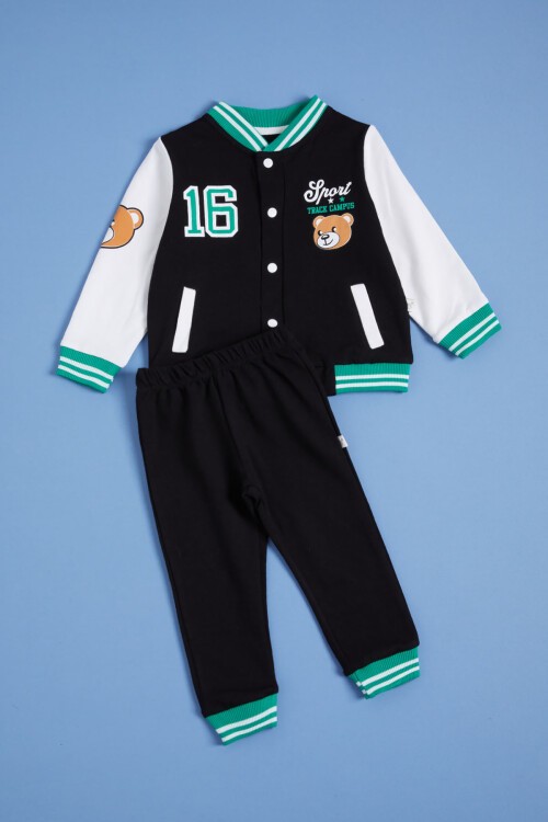 Siyah Ayıcık Baskılı Kolej Ceketli Erkek Bebek Takım 16184