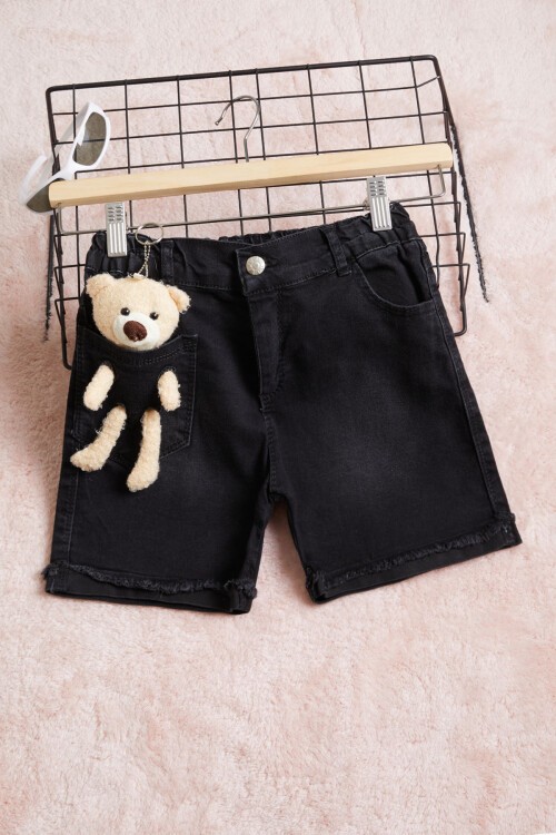 Siyah Ayıcık Detaylı Kız Jean Şort 15606