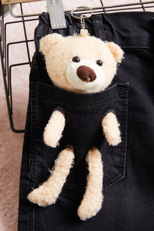 Siyah Ayıcık Detaylı Kız Jean Şort 15606