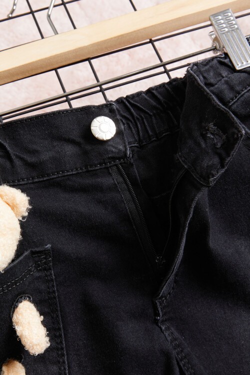 Siyah Ayıcık Detaylı Kız Jean Şort 15606