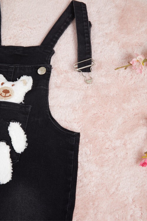 Siyah Ayıcık Detaylı Kız Salopet Tulum 15685