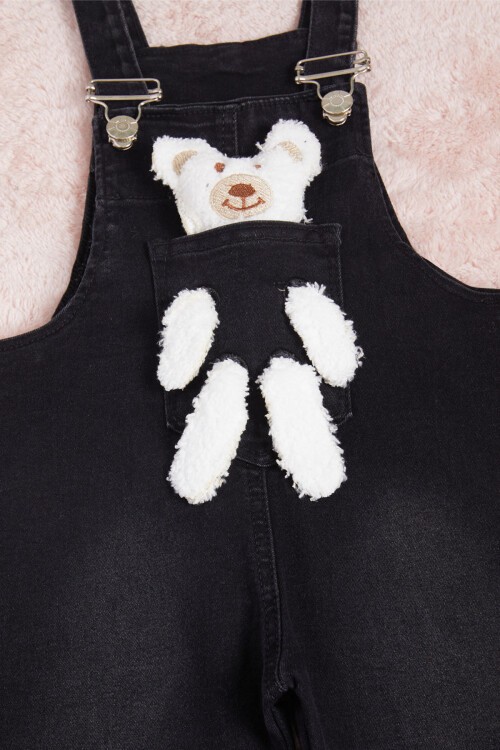 Siyah Ayıcık Detaylı Kız Salopet Tulum 15685