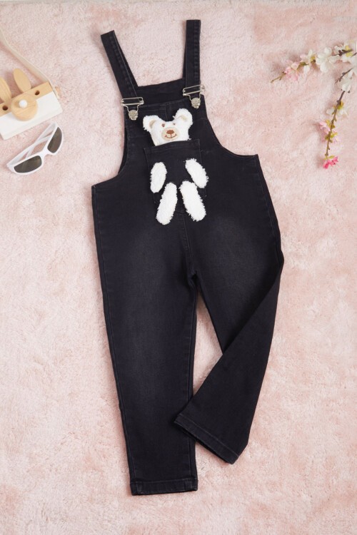 Siyah Ayıcık Detaylı Kız Salopet Tulum 15685