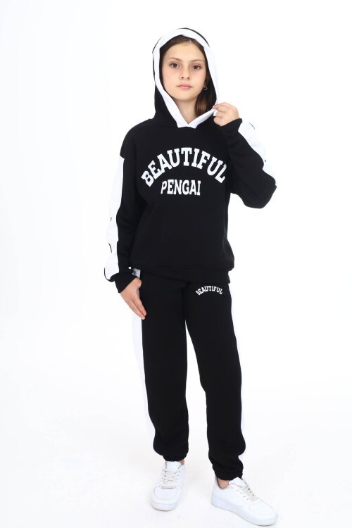 Siyah Beautiful Baskılı Kız Çocuk Polarlı Eşofman Takımı 16520
