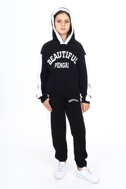 Siyah Beautiful Baskılı Kız Çocuk Polarlı Eşofman Takımı 16520