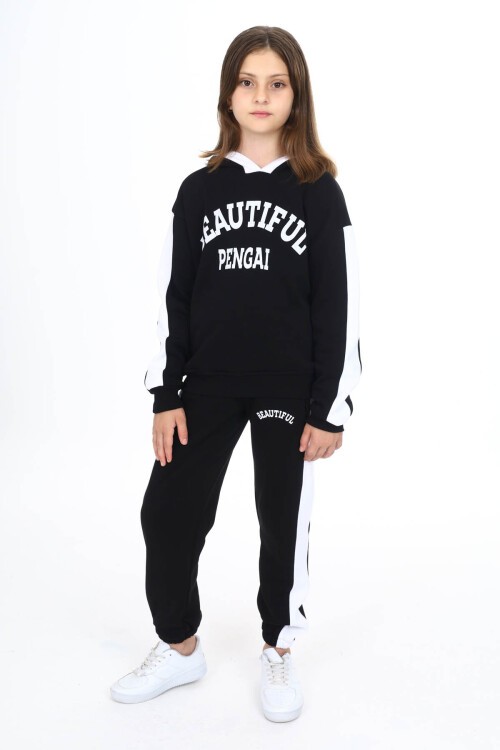 Siyah Beautiful Baskılı Kız Çocuk Polarlı Eşofman Takımı 16520