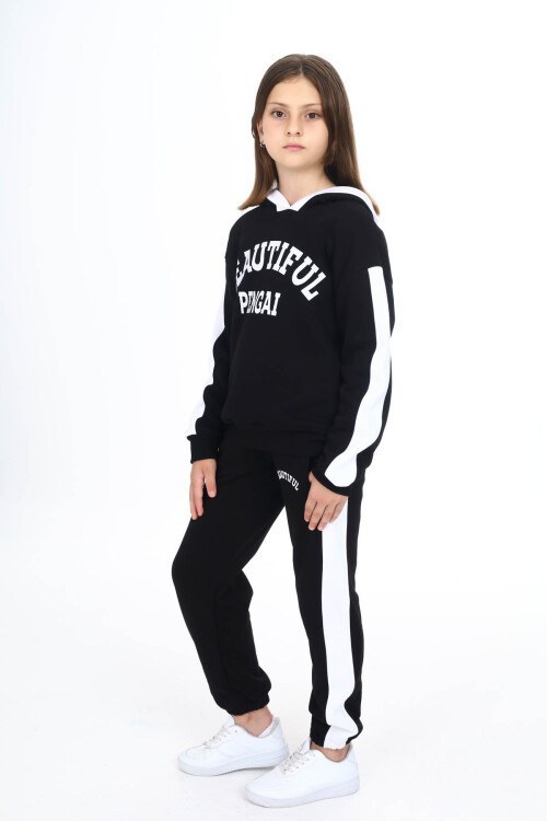Siyah Beautiful Baskılı Kız Çocuk Polarlı Eşofman Takımı 16520