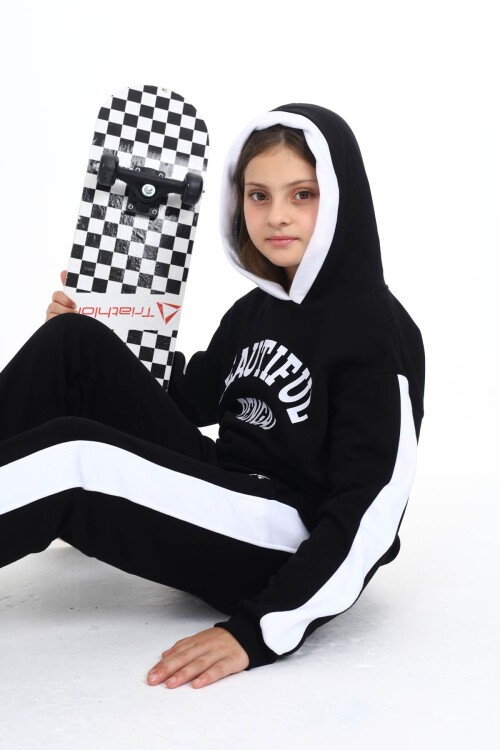 Siyah Beautiful Baskılı Kız Çocuk Polarlı Eşofman Takımı 16520