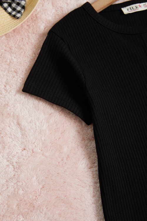 Siyah Büzgülü Pamuklu Kız Çocuk Tişört 15664