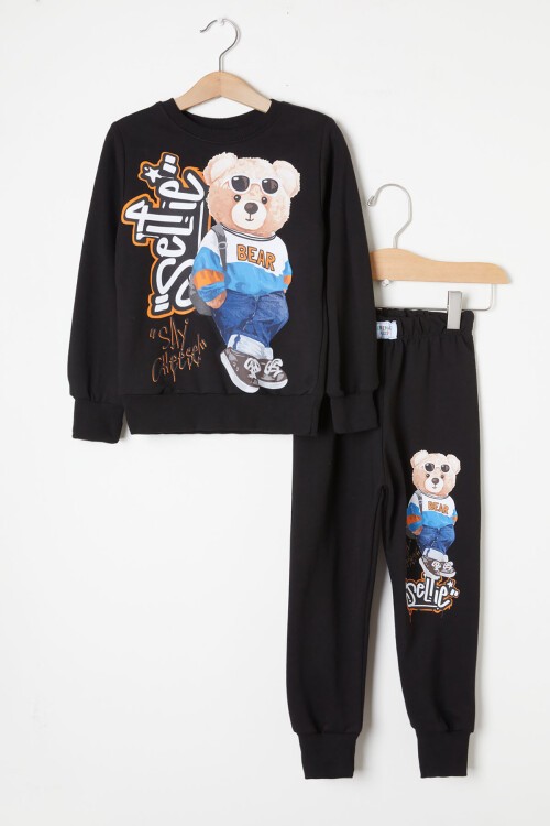 Siyah Cool Ayıcık Baskılı Erkek Çocuk Eşofman Takımı 16347