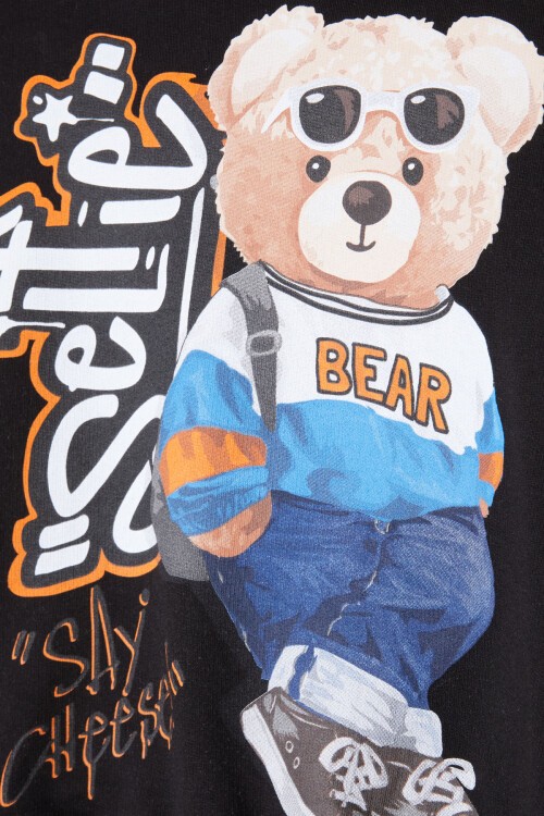 Siyah Cool Ayıcık Baskılı Erkek Çocuk Eşofman Takımı 16347