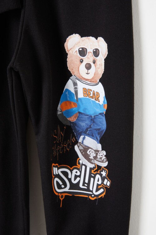 Siyah Cool Ayıcık Baskılı Erkek Çocuk Eşofman Takımı 16347