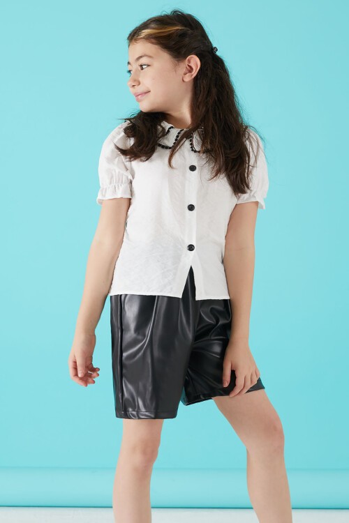 Siyah Dantel İşlemeli Deri Şortlu Bluzlu Kız Takım 15520