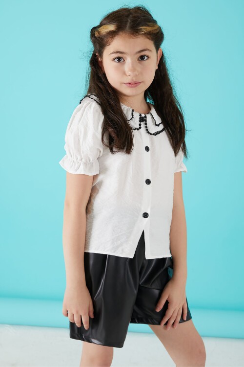 Siyah Dantel İşlemeli Deri Şortlu Bluzlu Kız Takım 15520