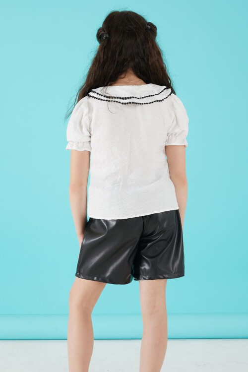 Siyah Dantel İşlemeli Deri Şortlu Bluzlu Kız Takım 15520