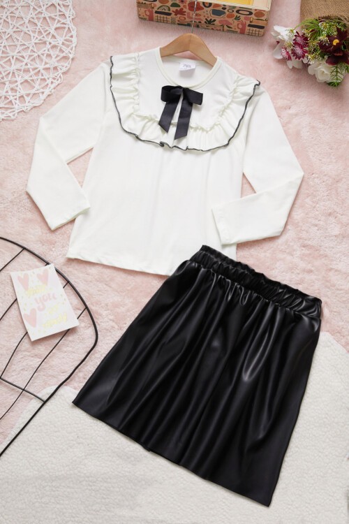 Siyah Fiyonklu Bluz Deri Etekli Kız Çocuk Takım 15382