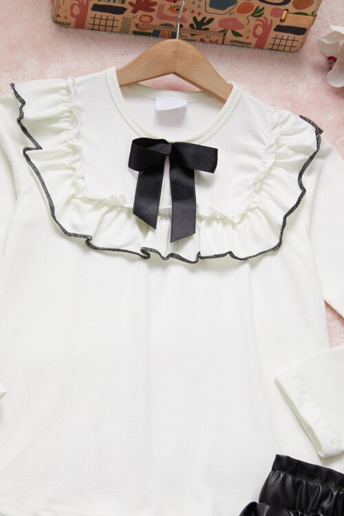 Siyah Fiyonklu Bluz Deri Etekli Kız Çocuk Takım 15382