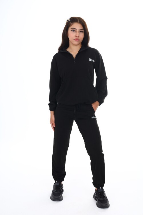 Siyah Follow Baskılı Fermuar Yakalı Kız Çocuk Eşofman Takımı 16493