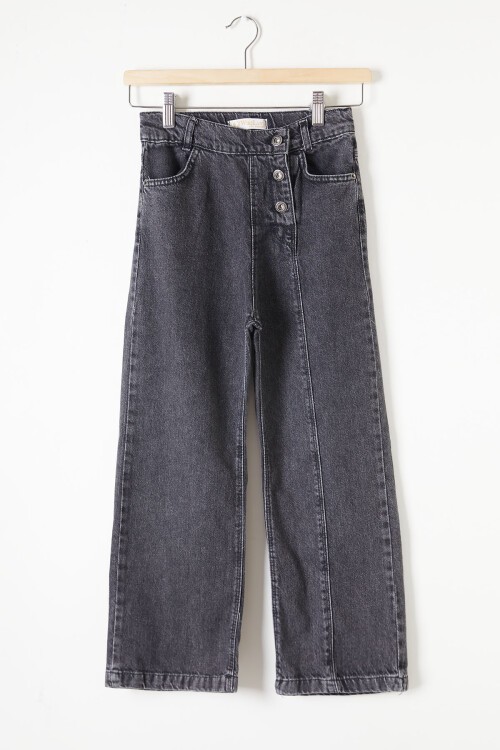 Siyah Geniş Paça Yandan Patlı Kız Jean Pantolon 16219