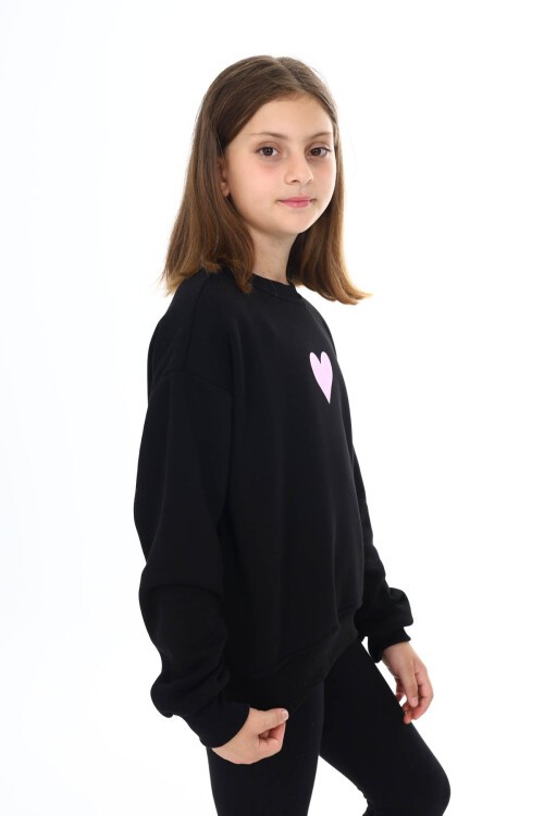 Siyah Kalp Baskılı Polarlı Kız Çocuk Sweatshirt 16472