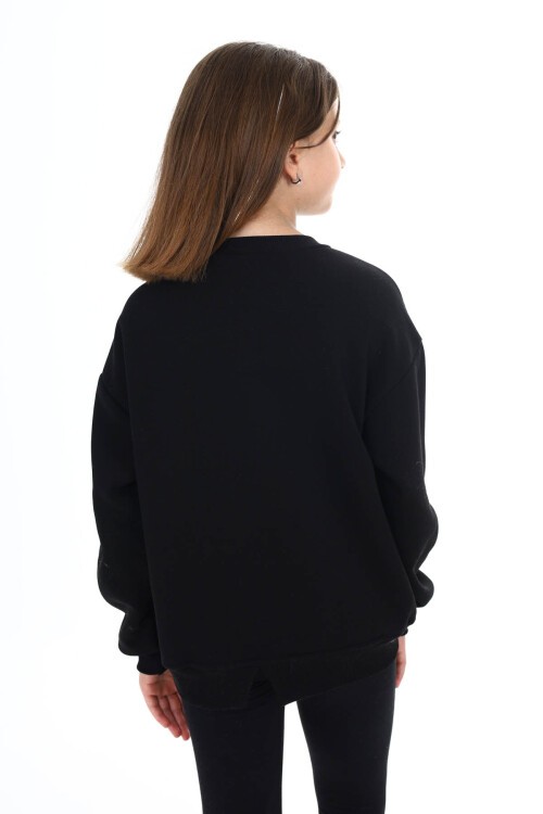 Siyah Kalp Baskılı Polarlı Kız Çocuk Sweatshirt 16472