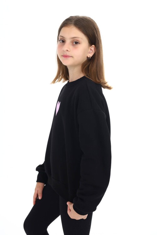 Siyah Kalp Baskılı Polarlı Kız Çocuk Sweatshirt 16472