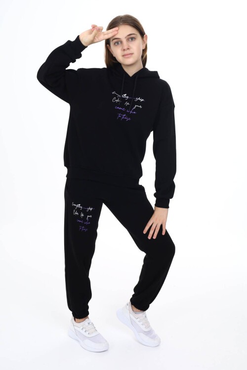 Siyah Kalpli Yazı Baskılı Kız Çocuk Polarlı Eşofman Takımı 16492