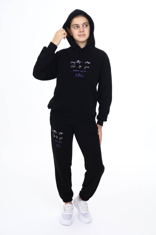 Siyah Kalpli Yazı Baskılı Kız Çocuk Polarlı Eşofman Takımı 16492