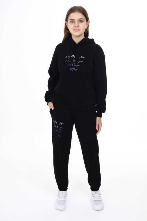 Siyah Kalpli Yazı Baskılı Kız Çocuk Polarlı Eşofman Takımı 16492