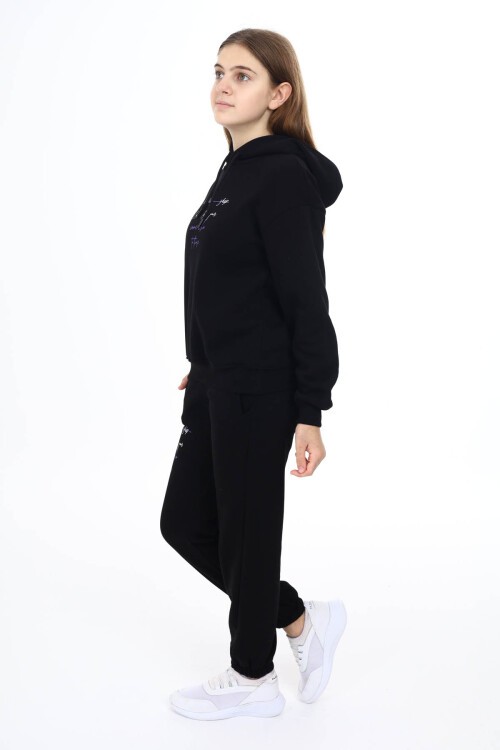 Siyah Kalpli Yazı Baskılı Kız Çocuk Polarlı Eşofman Takımı 16492