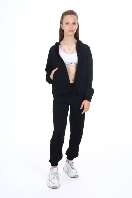 Siyah Kapşonlu Hırkalı Kız Eşofman Takımı 16526