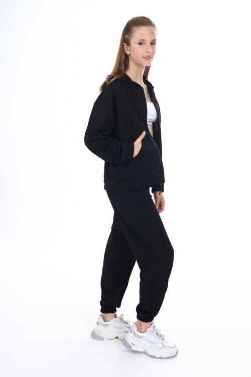 Siyah Kapşonlu Hırkalı Kız Eşofman Takımı 16526