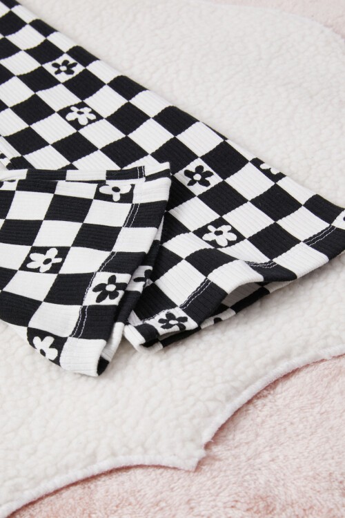 Siyah Kare Desenli Kız Çocuk İspanyol Paça Tayt 15456
