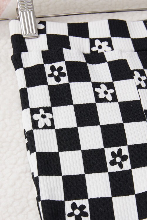 Siyah Kare Desenli Kız Çocuk İspanyol Paça Tayt 15456