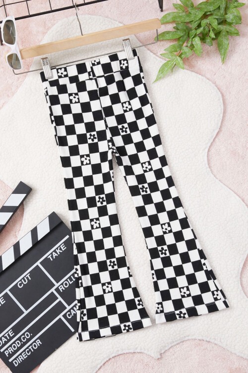 Siyah Kare Desenli Kız Çocuk İspanyol Paça Tayt 15456