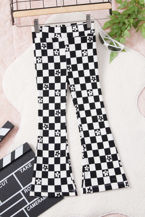Siyah Kare Desenli Kız Çocuk İspanyol Paça Tayt 15456