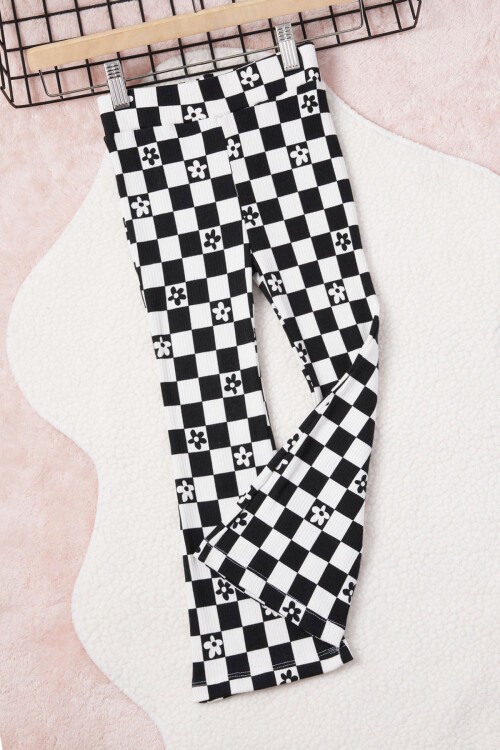 Siyah Kare Desenli Kız Çocuk İspanyol Paça Tayt 15456