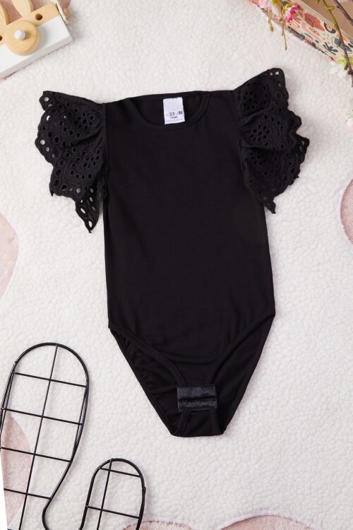 Siyah Kolları Dantelli Kız bebek Çıtçıtlı Badi 15465