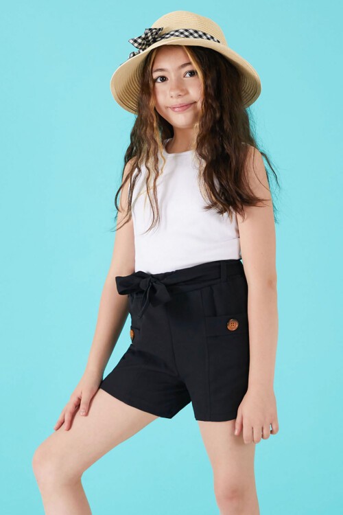 Siyah Kuşaklı Düğmeli Kız Çocuk Şort 15650