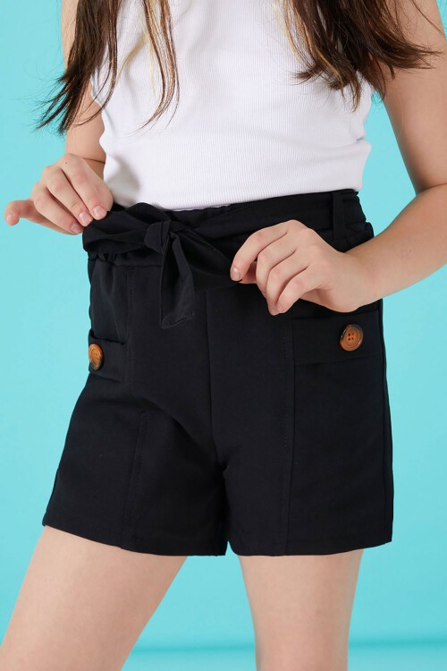 Siyah Kuşaklı Düğmeli Kız Çocuk Şort 15650