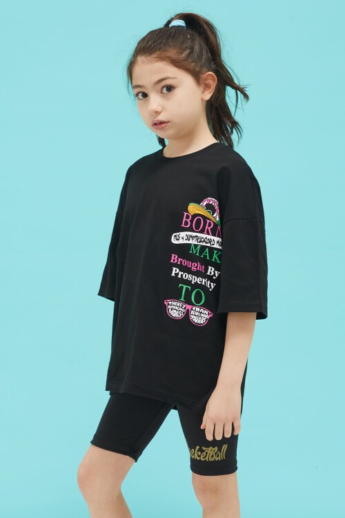 Siyah Ön ve Arkası Baskılı Oversize Kız T-shirt 15381