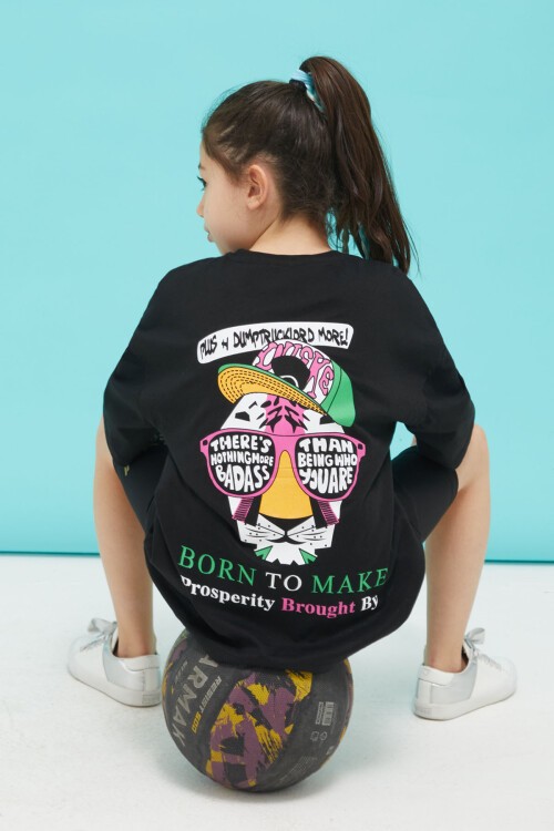 Siyah Ön ve Arkası Baskılı Oversize Kız T-shirt 15381