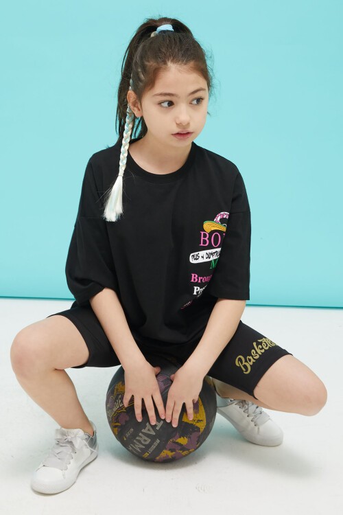 Siyah Ön ve Arkası Baskılı Oversize Kız T-shirt 15381