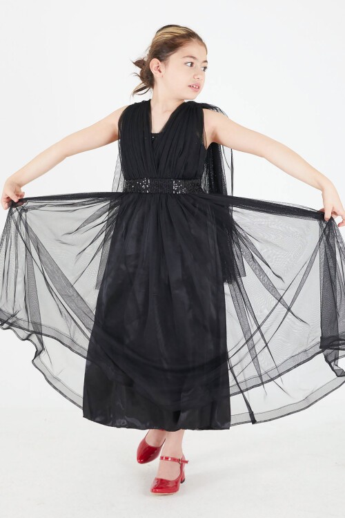 Siyah Pelerinli Tüllü Kız Abiye Elbise 15681