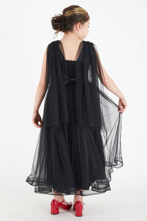 Siyah Pelerinli Tüllü Kız Abiye Elbise 15681