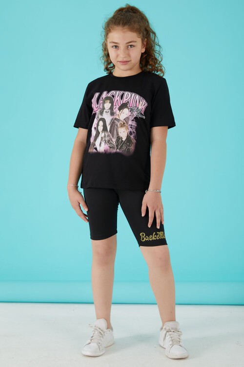 Siyah Simli Yazılı Baskılı Kız Tişört 15660