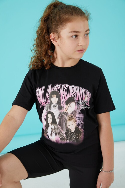 Siyah Simli Yazılı Baskılı Kız Tişört 15660
